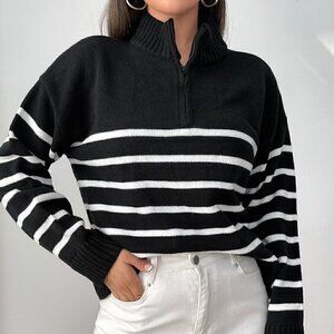 Black And White Preppy Womens Stripe Pattern Half Zipper Drop Shoulder Sweater